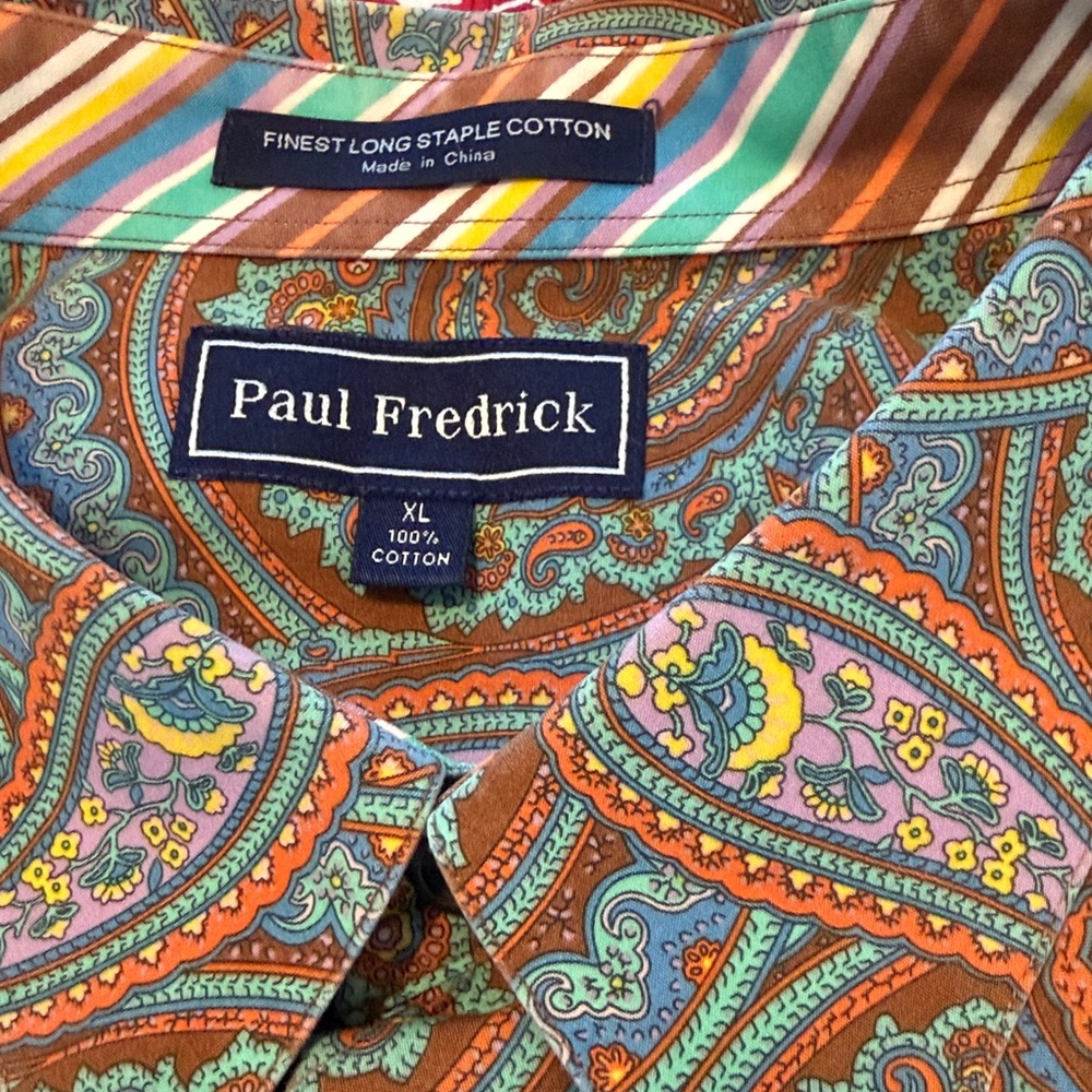 Paul Fredrick 100% Cotton Paisley Shirt in Soft Blue and Orange. LVery Good Cond - Picture 6 of 10